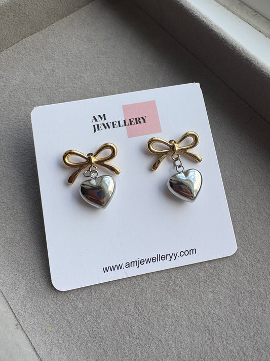 Dropped heart bow earrings